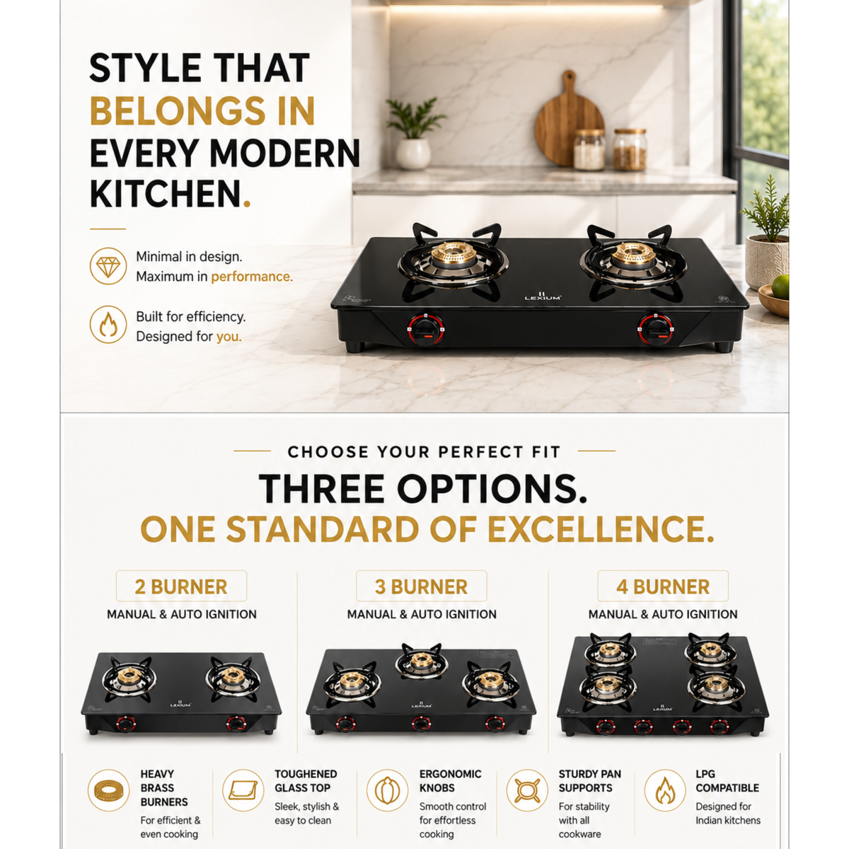 Pebble 2B Gas Stove with Heavy Brass Burners & Toughened Glass Manual Ignition