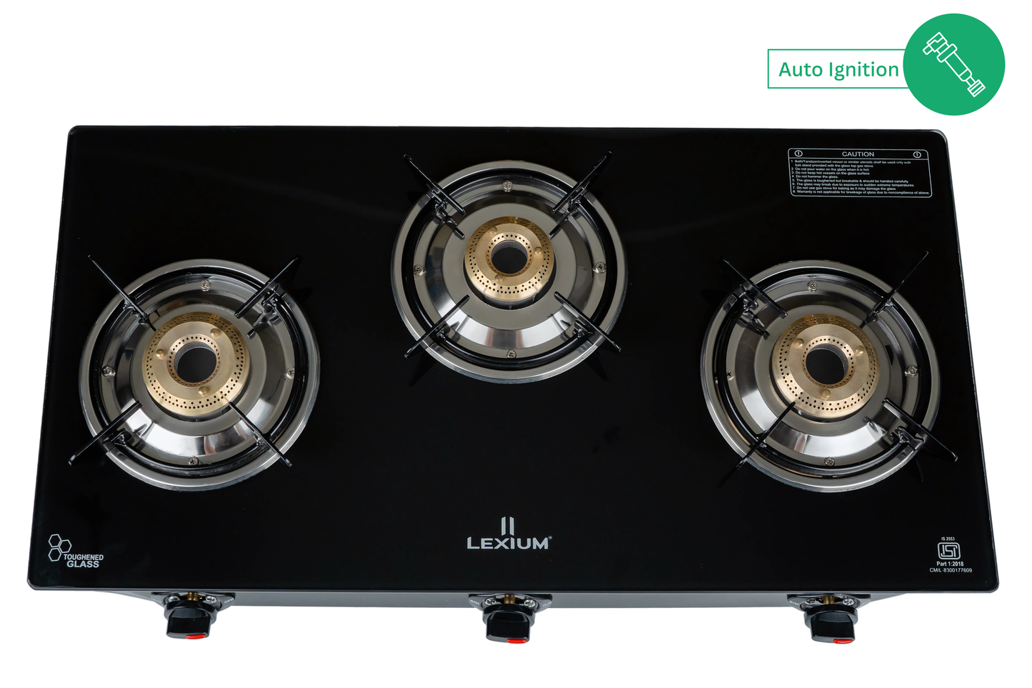 Lexium Pebble 3B with Heavy Brass Burners & Toughened Glass Manual Gas Stove.