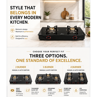 Pebble 2B Gas Stove with Heavy Brass Burners & Toughened Glass Manual Ignition