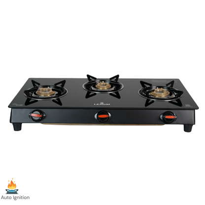 Pebble 3B Gas Stove with Heavy Brass Burners & Toughened Glass (in Manual & Automatic Variants)