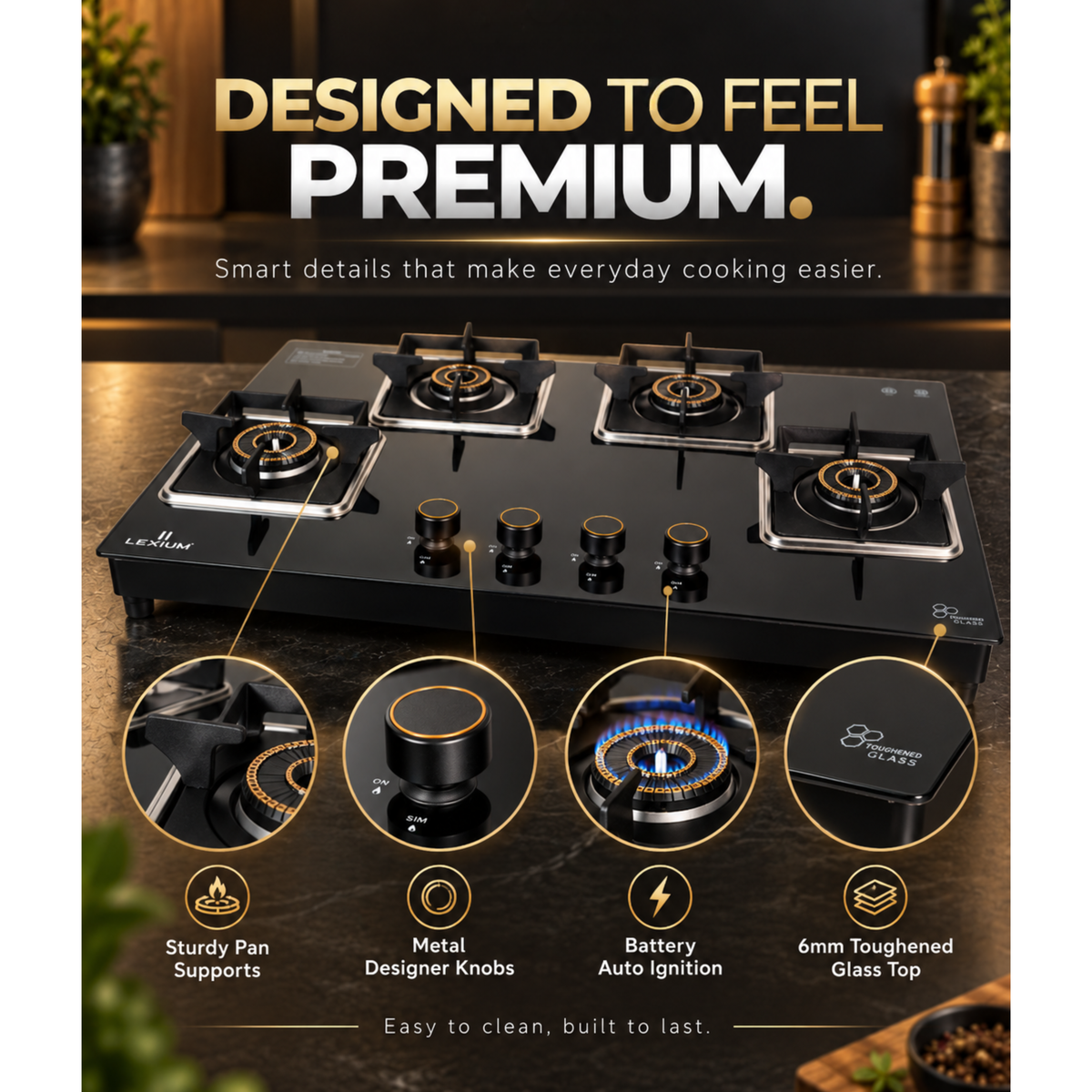 Lexium Futura 4B AI Hob with Brass Burners & Built-In Flame Guard