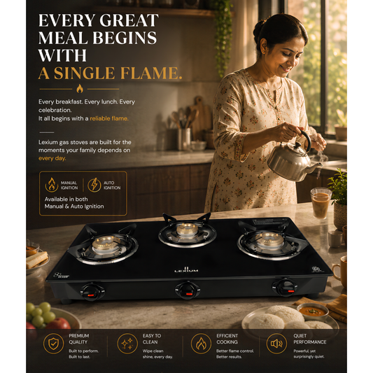 Pebble 3B Gas Stove with Heavy Brass Burners & Toughened Glass (in Manual & Automatic Variants)